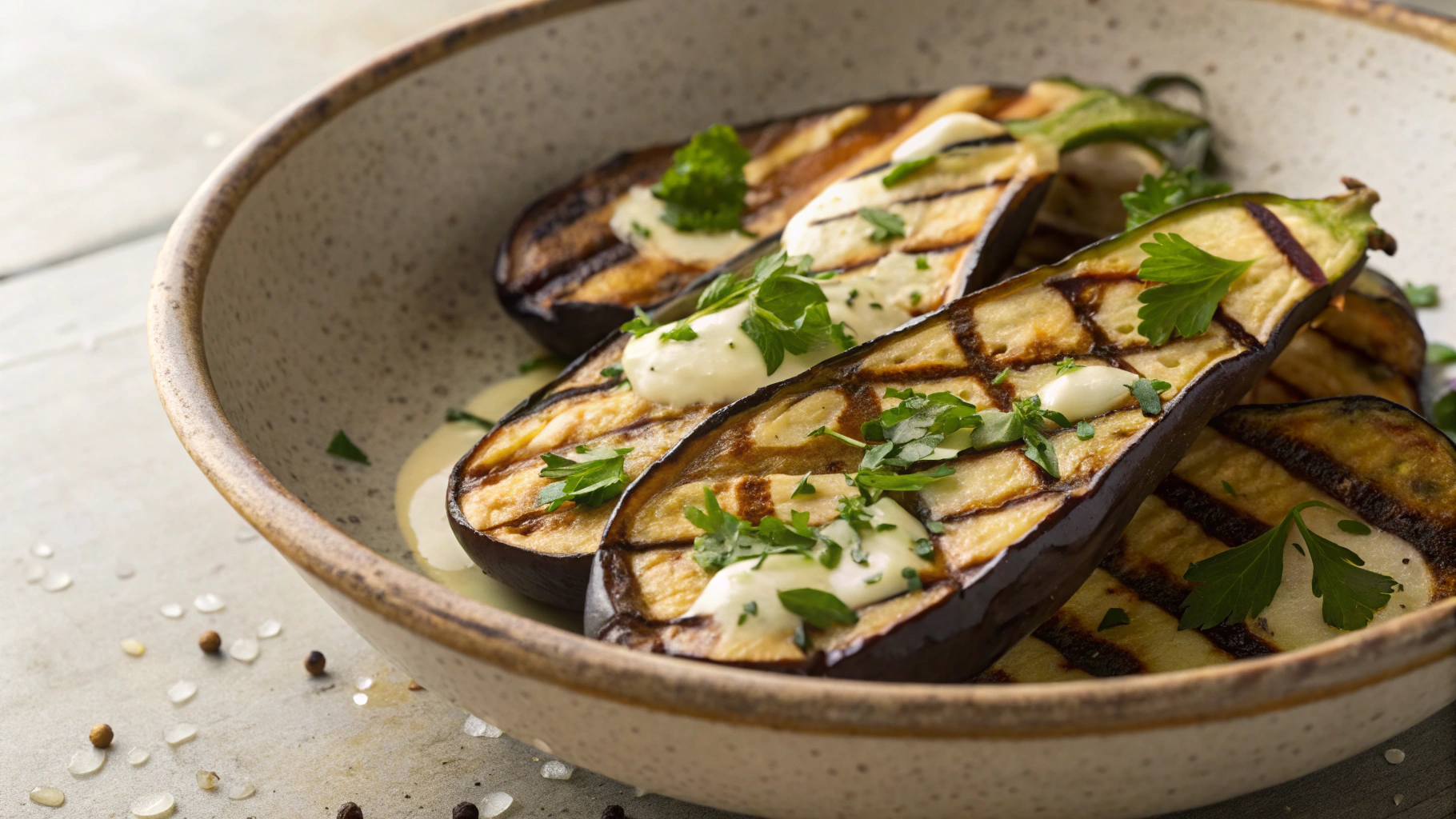 Low Carb Grilled Eggplant With Creamy Garlic Tahini Dressing