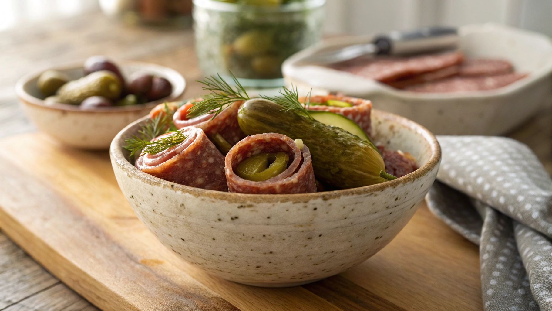 Keto Hot Salami Cheddar Pickle Rolls