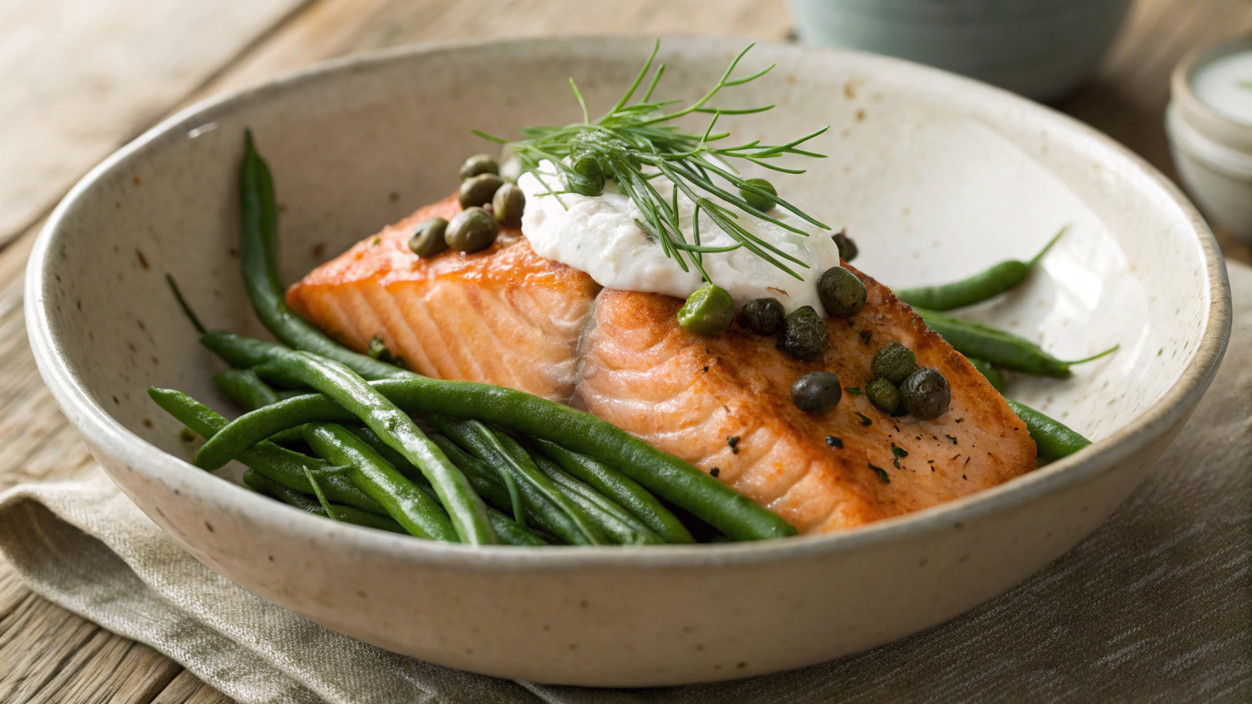 Keto Lemon Roasted Salmon and Green Beans with Crème Fraiche and Crispy Capers
