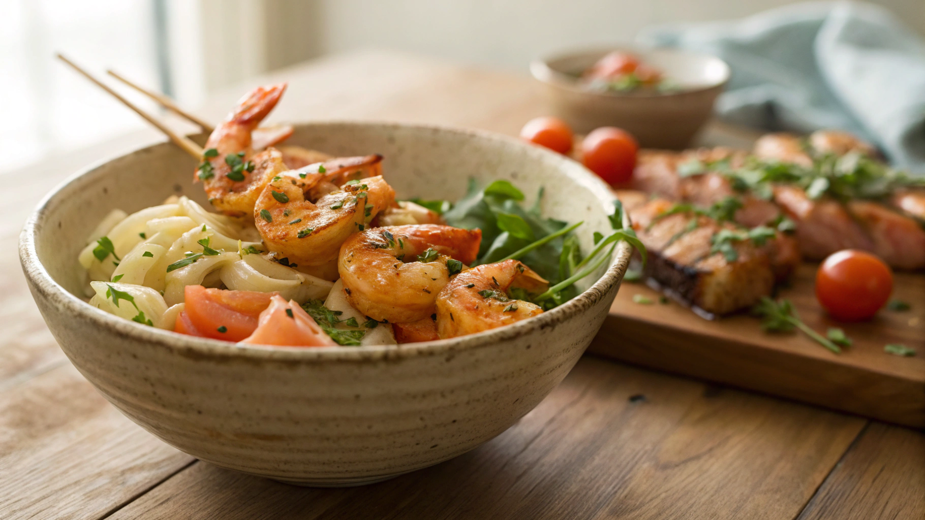 Keto Marinated Butterfly Shrimp with Salmon Pasta Salad