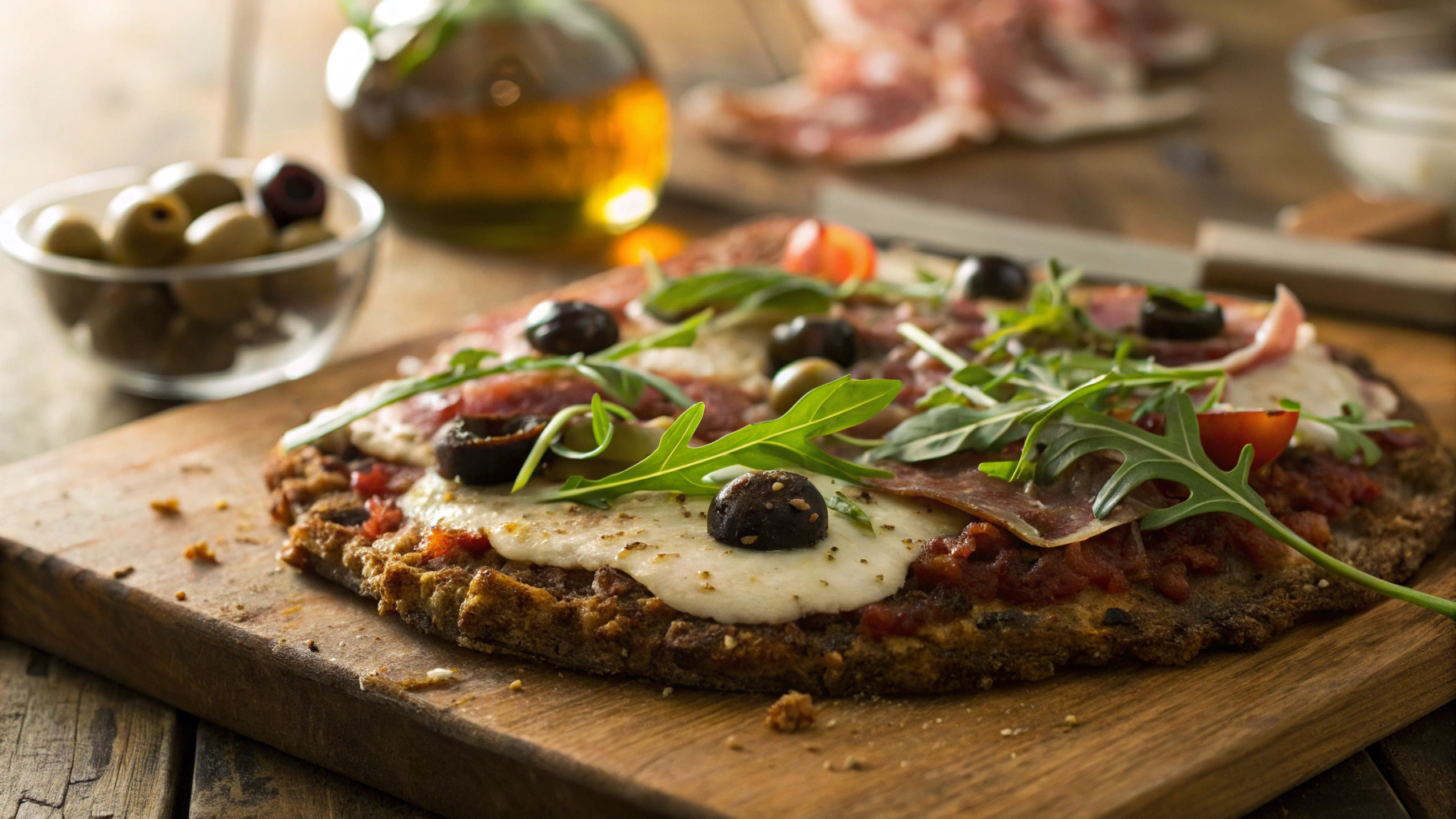 Keto Meatza Pizza With Olives And Prosciutto