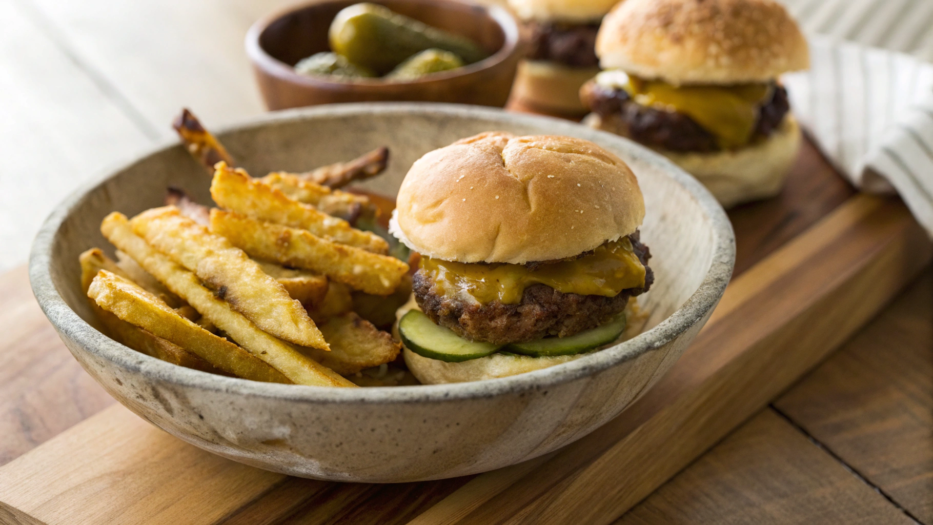 Keto Mini Cheeseburger Sliders w Curly Shoestring Fries