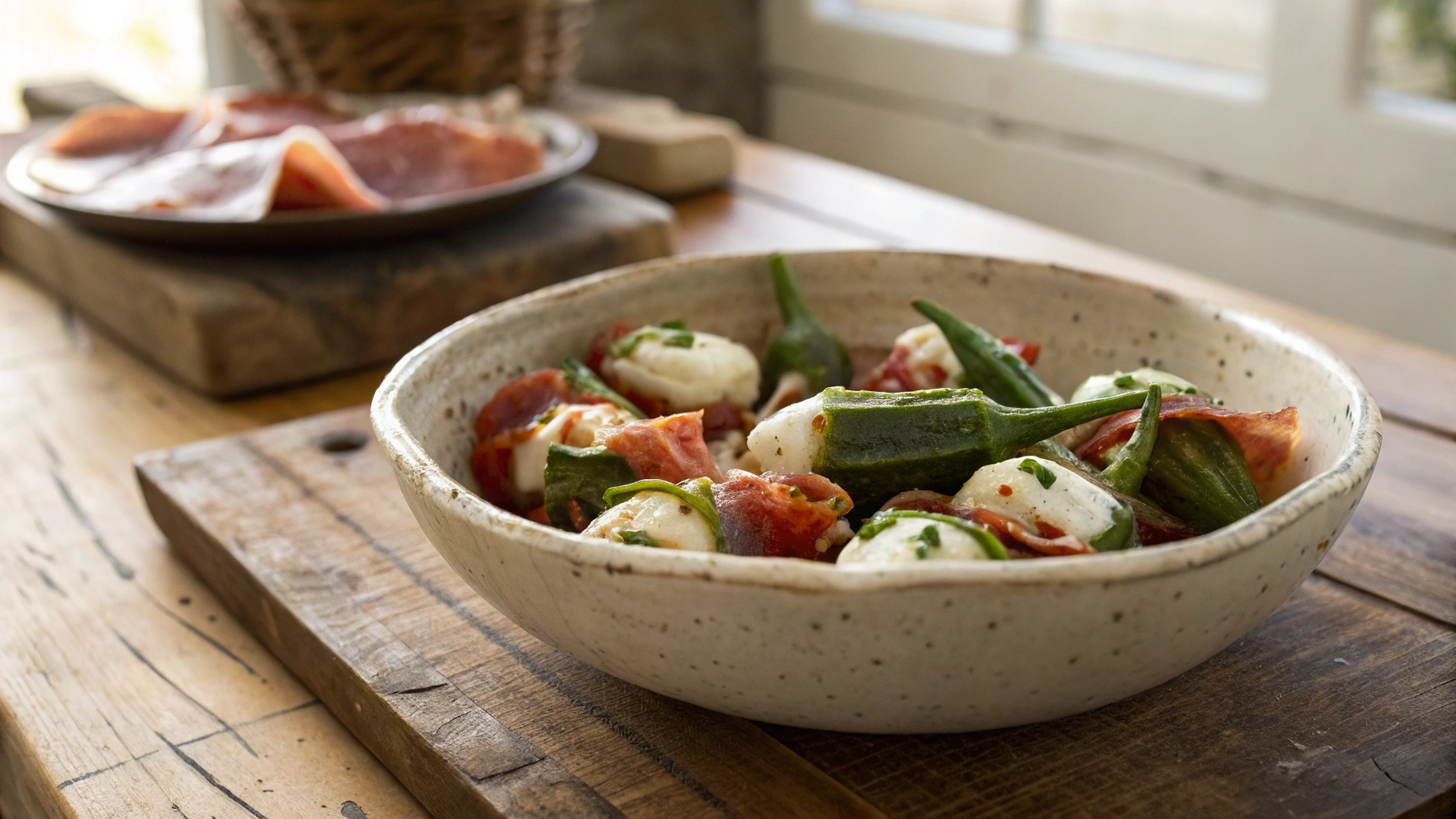 Keto Mozzarella Stuffed Okra with Prosciutto