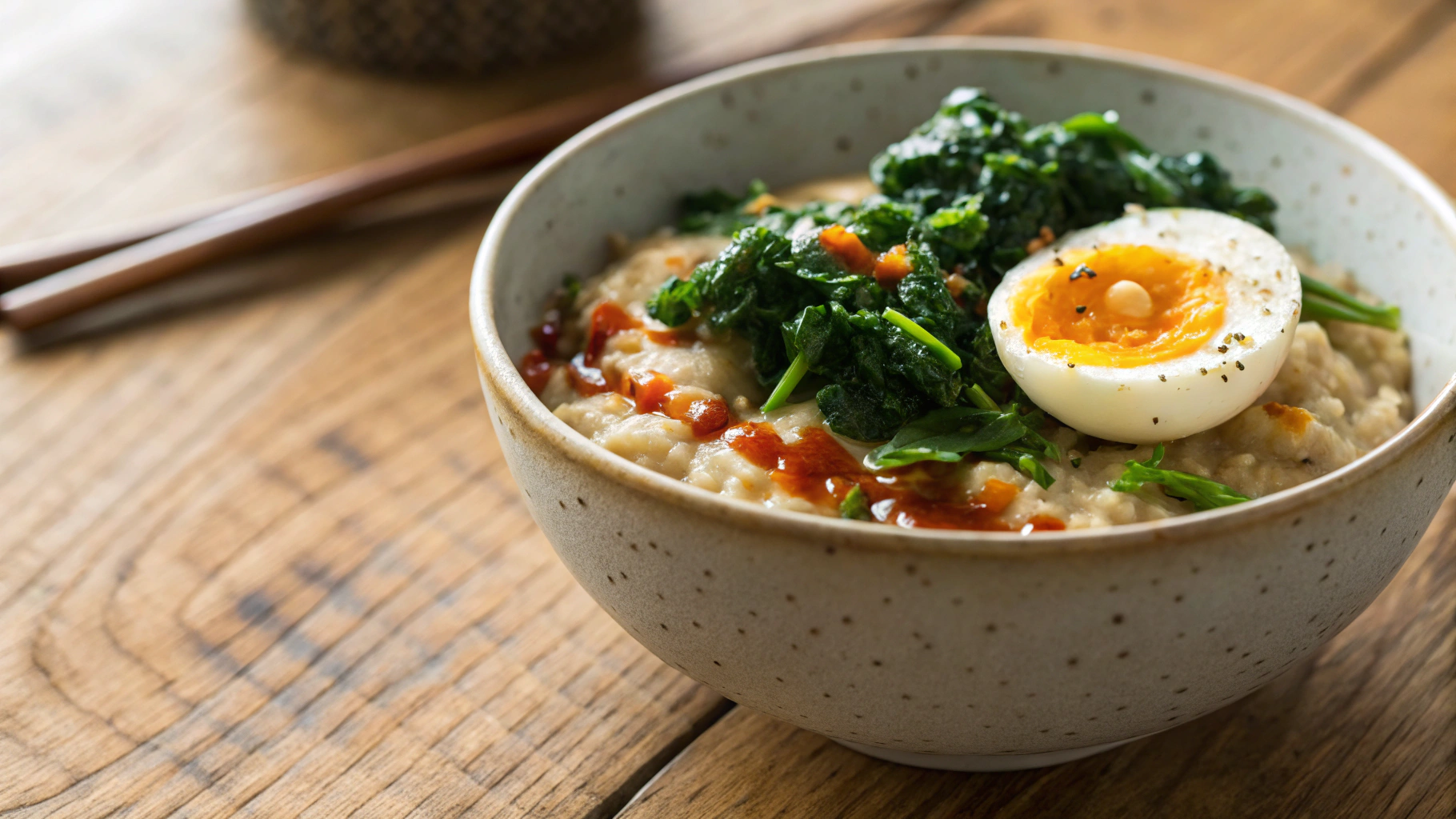Keto Oatmeal with Soft Boiled Egg and Miso Kale