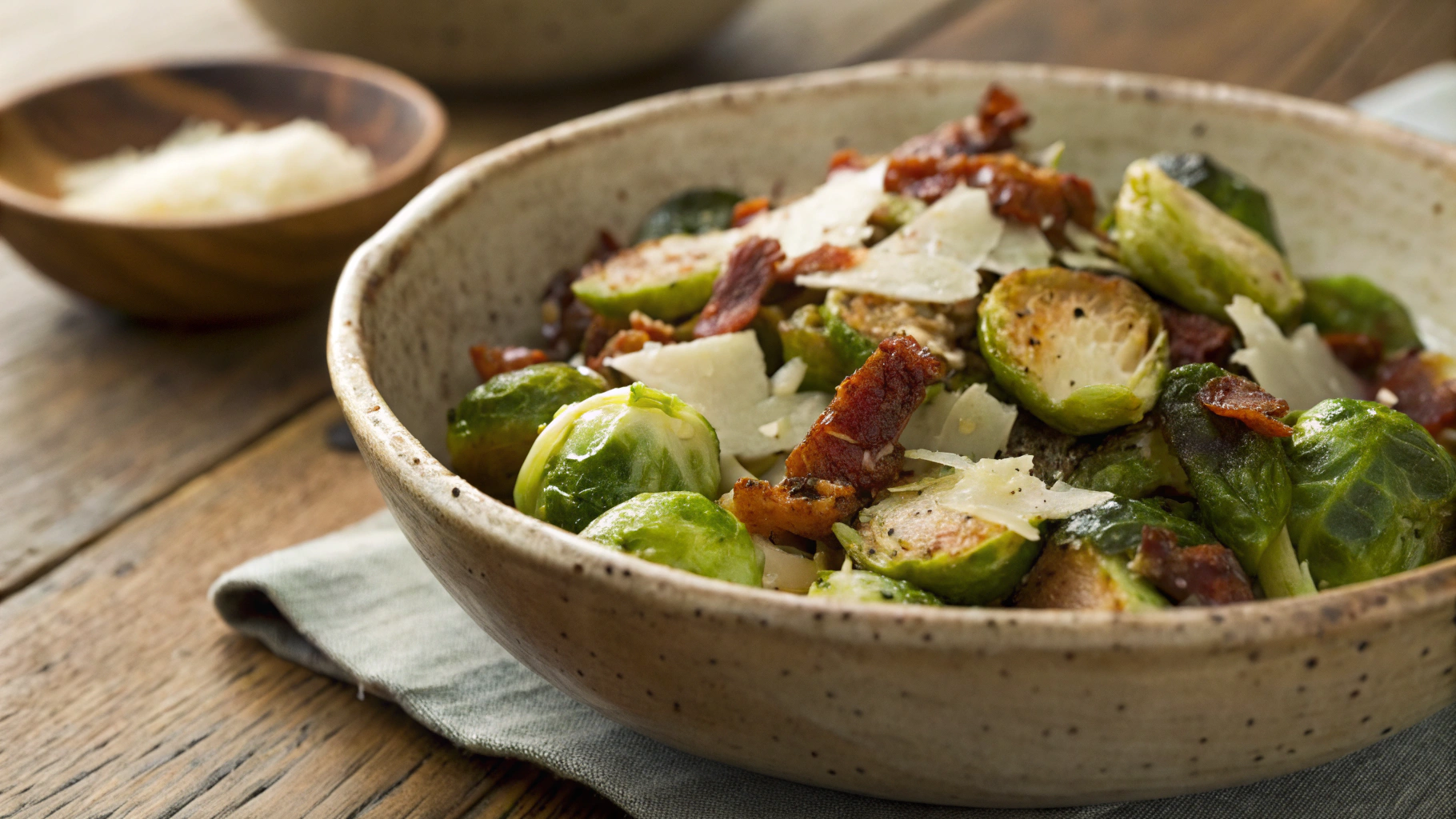 Keto Pan Fried Sprouts with Bacon, Capers and Parmesan