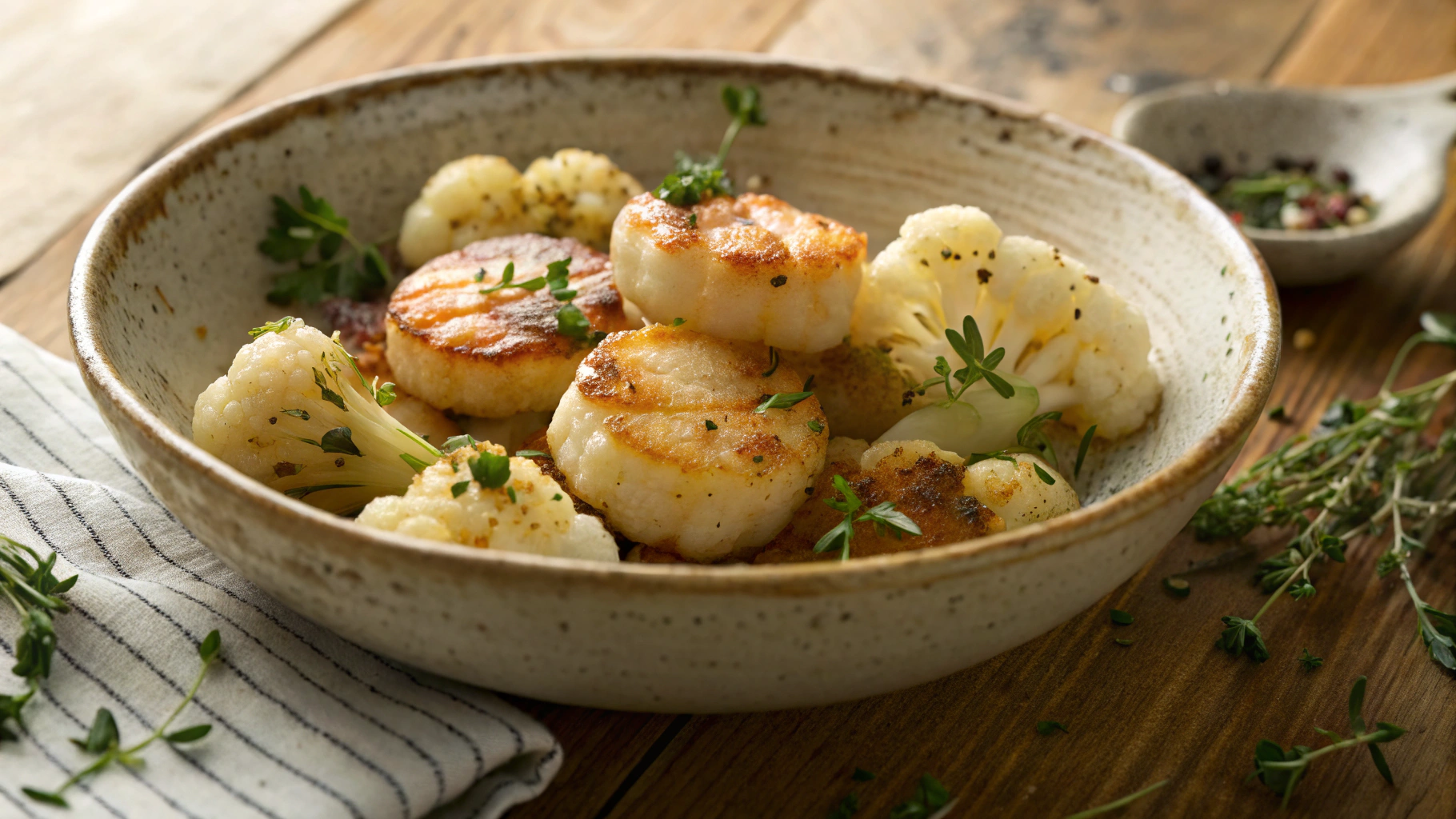 Low Carb Pan Seared Butter Basted Scallops with Roasted Cauliflower Steaks and Capers