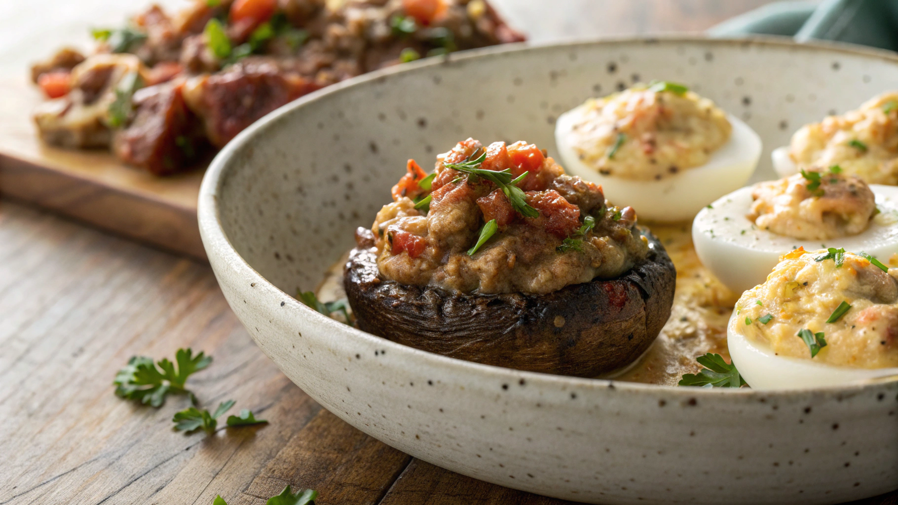 Keto Portobello Mushrooms w Italian Sausage Gravy and Muffuletta Deviled Eggs