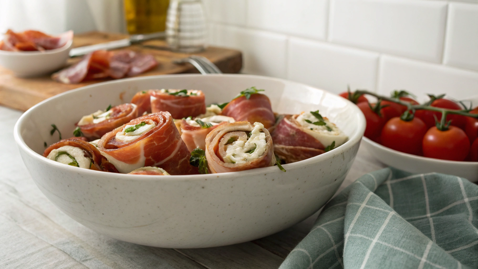 Keto Prosciutto Mozzarella Cucumber Rollups