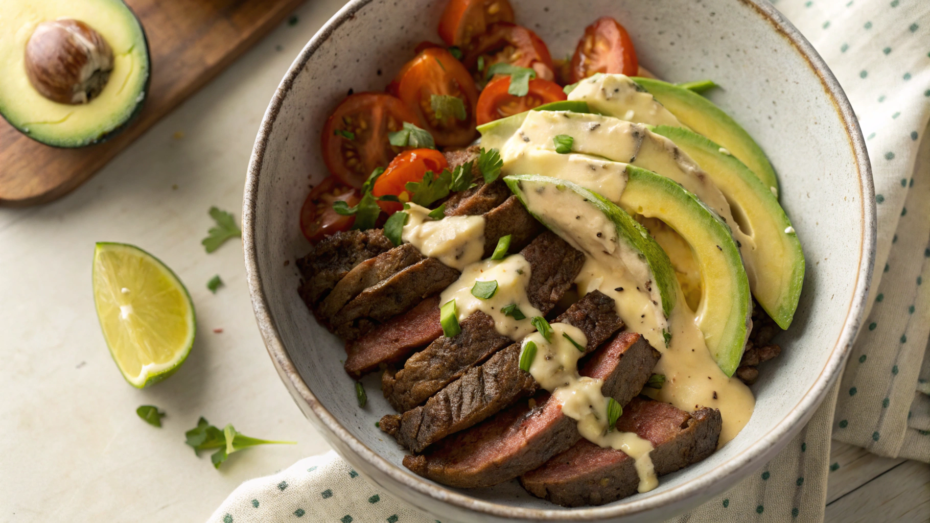 Keto Queso Smothered Steak with Avocado