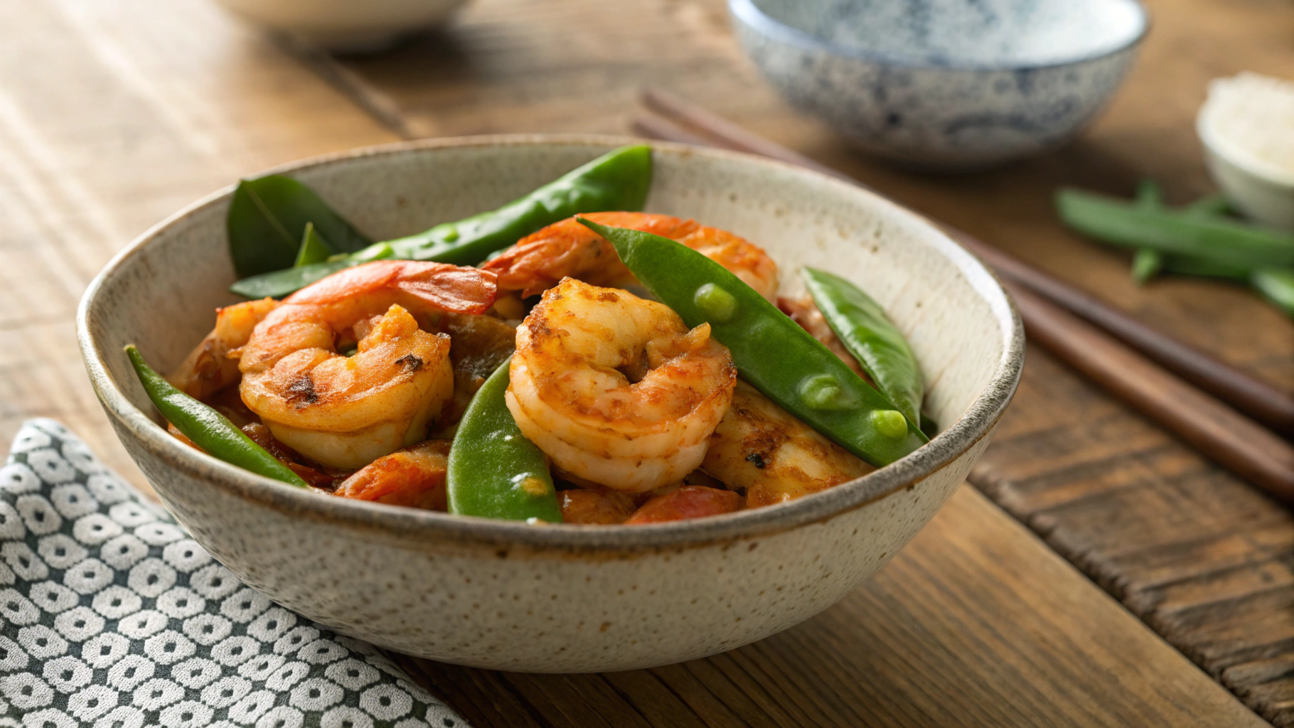 Keto Red Curry Shrimp, Air Fried Snow Peas, and Curry Sauce
