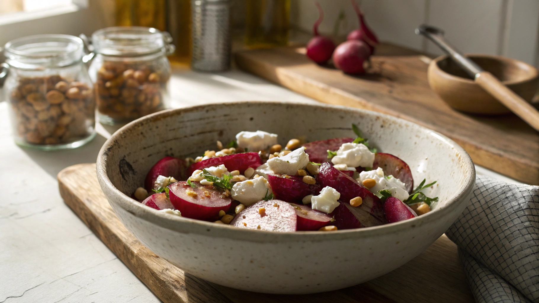 Keto Roasted Radishes with Herbed Goat Cheese and Toasted Pine Nuts