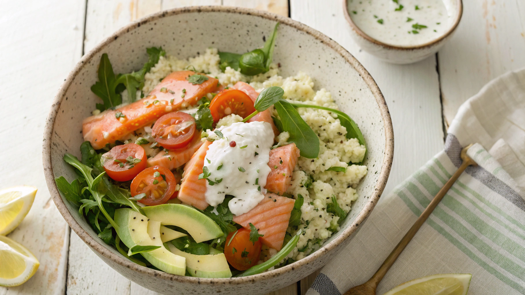 Keto Salmon and Rice Salad with Tahini Dressing