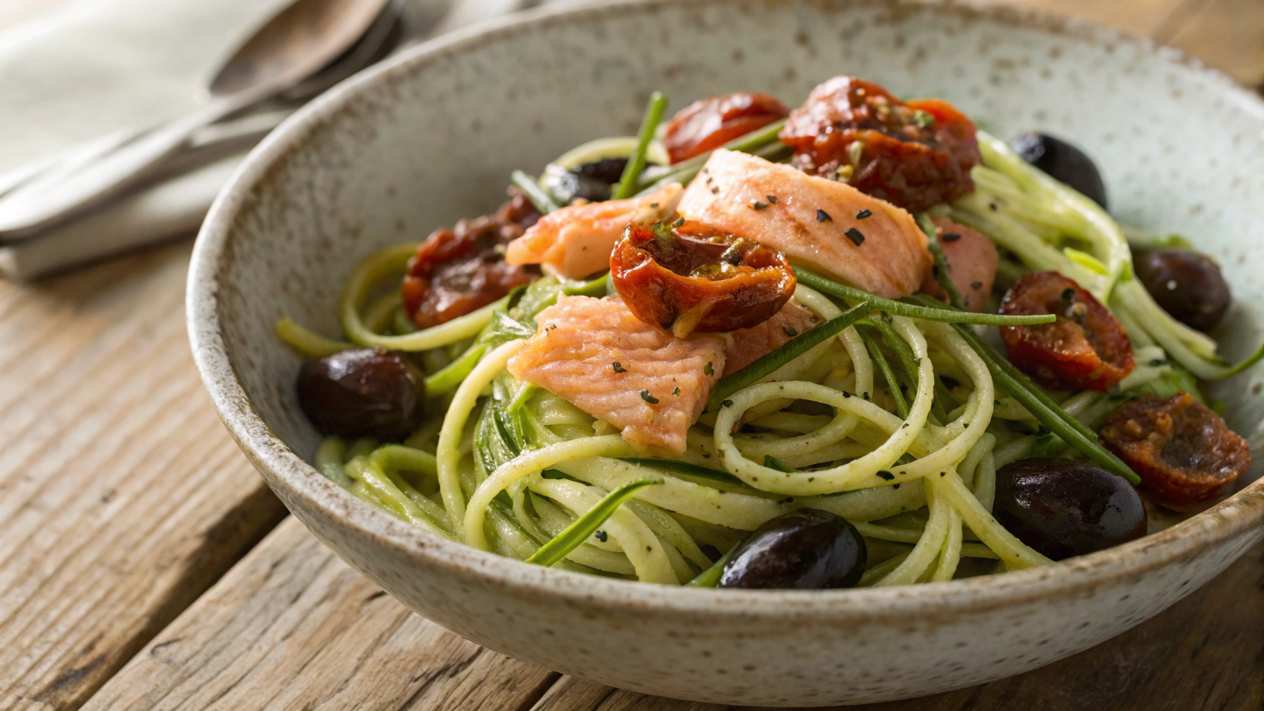 Keto Salmon Spaghetti with Sun-dried Tomatoes and Olives