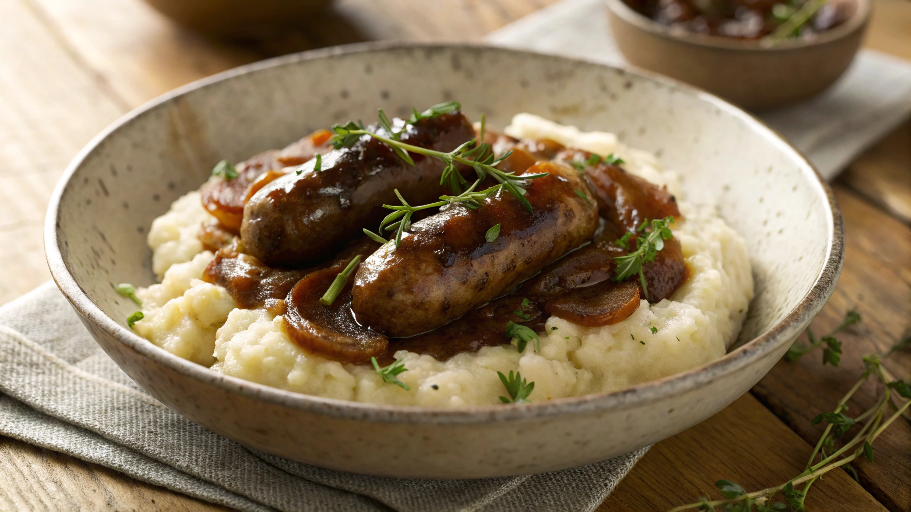 Low Carb Sausage and Mash with Balsamic Onion Gravy
