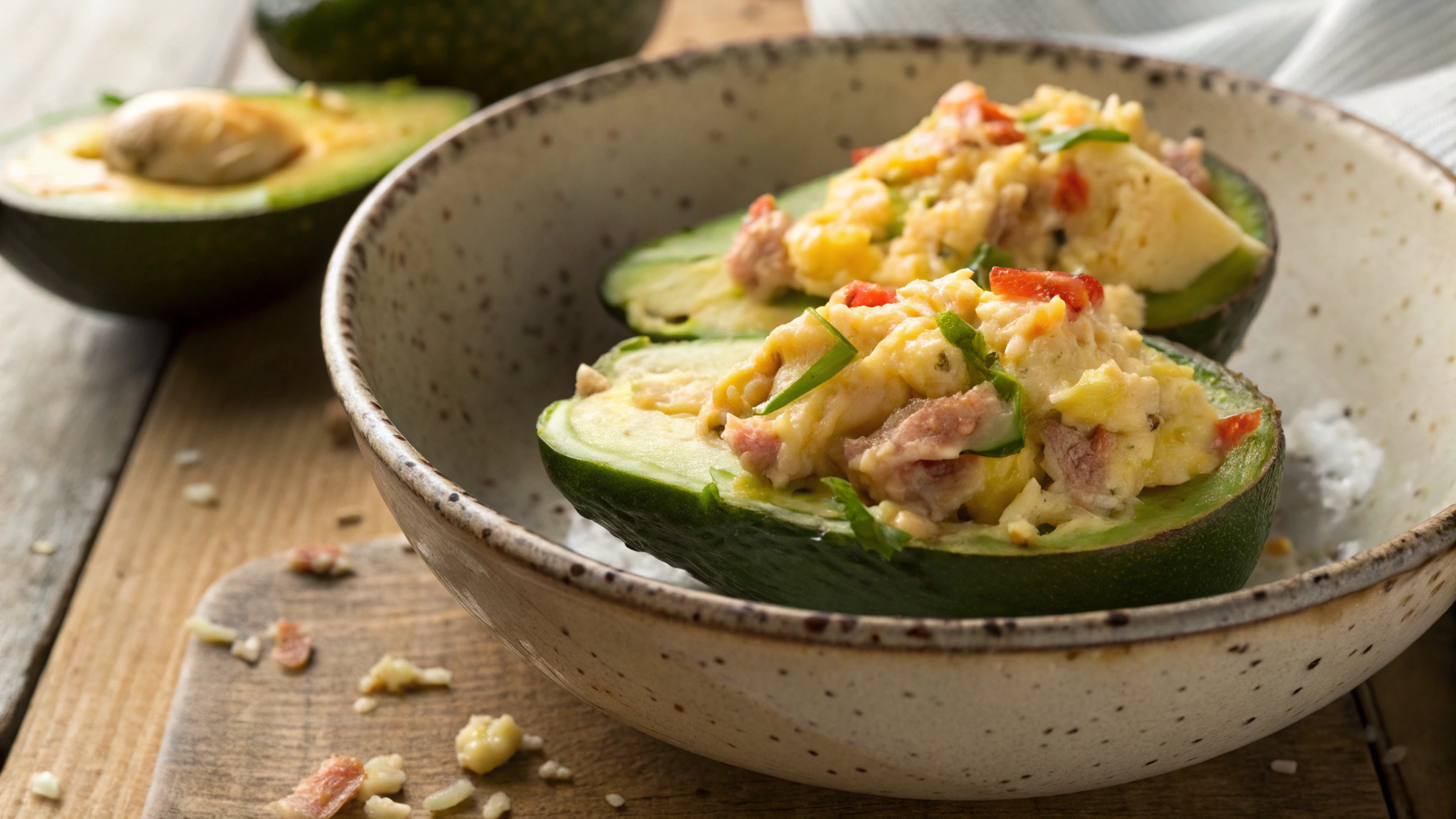 Keto Scrambled Egg and Tuna Avocado Boats