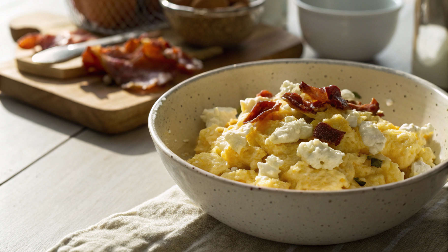 Keto Scrambled Eggs with Goats Cheese and Maple Bacon
