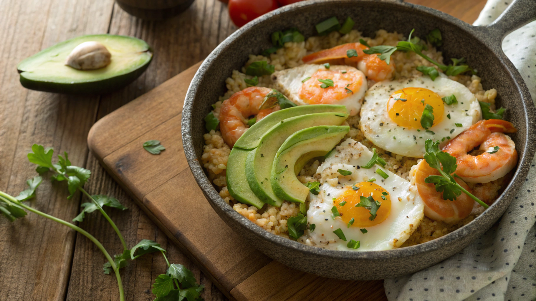 Keto Shrimp Over Easy Egg Skillet