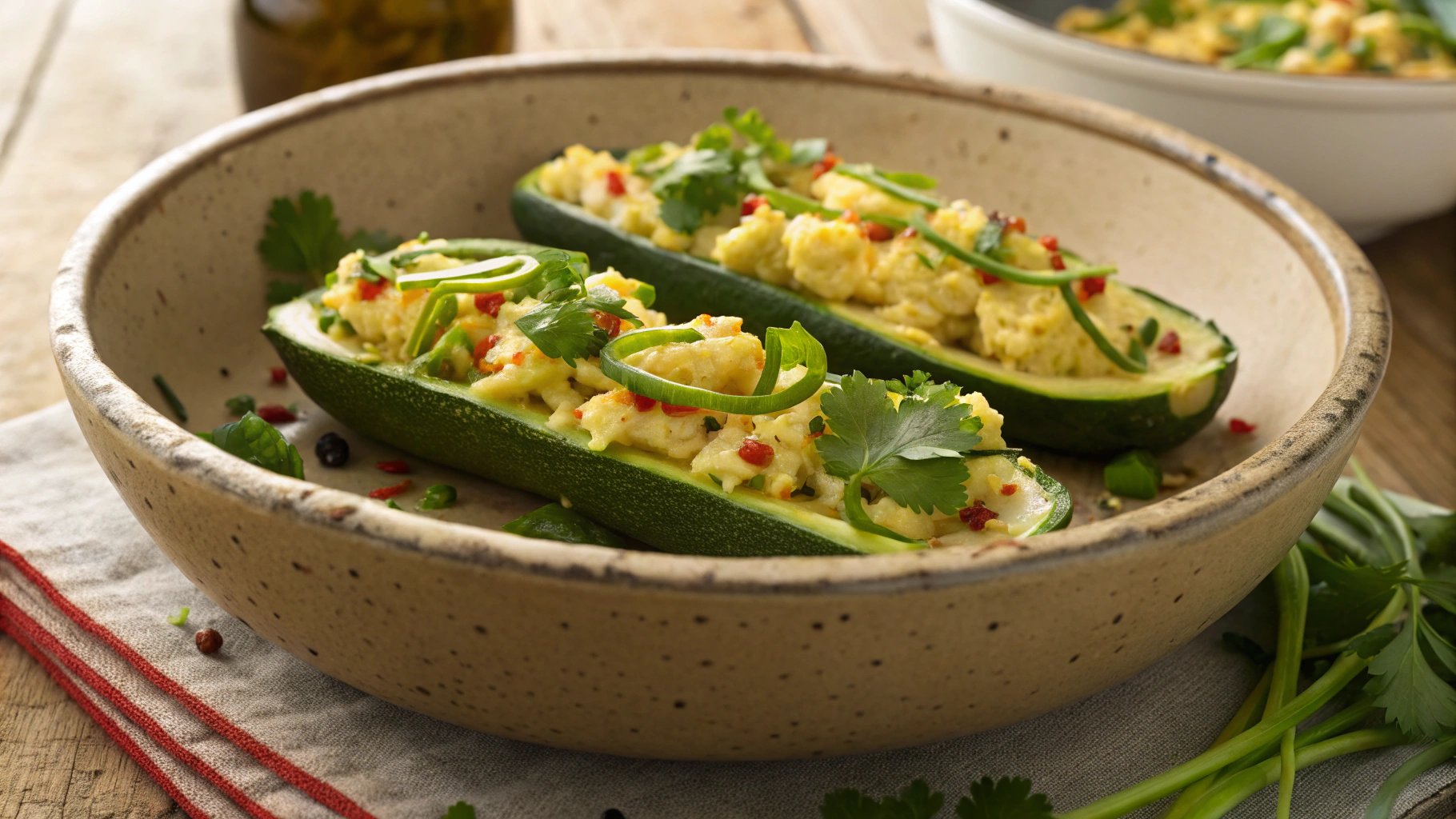 Keto Spicy Scrambled Egg Zucchini Boats
