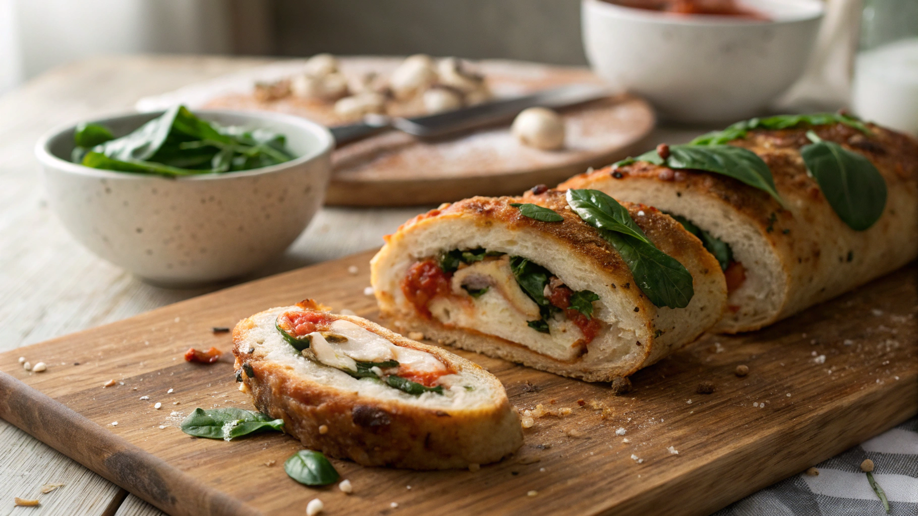 Keto Spinach and Mushroom Pizza Bread Roll