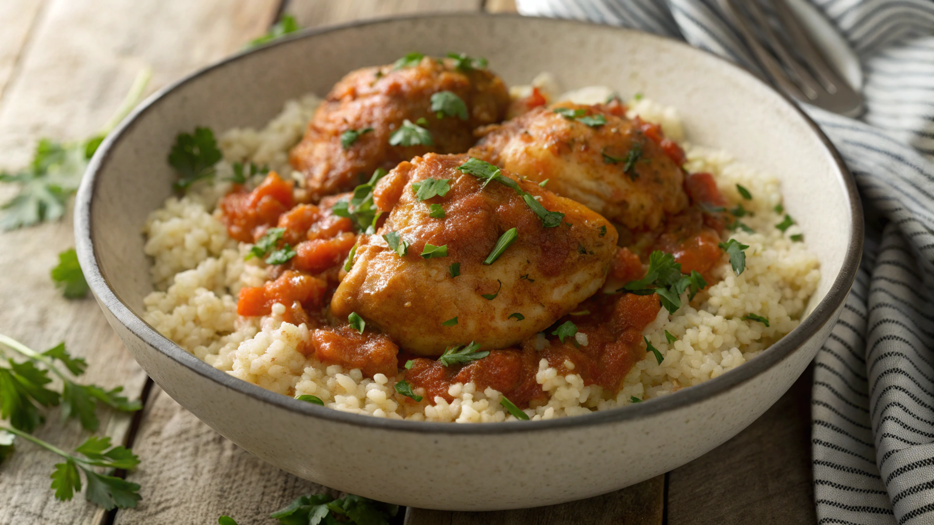 Keto Tomato and Chicken Thigh Skillet with Parsley Cauliflower Rice
