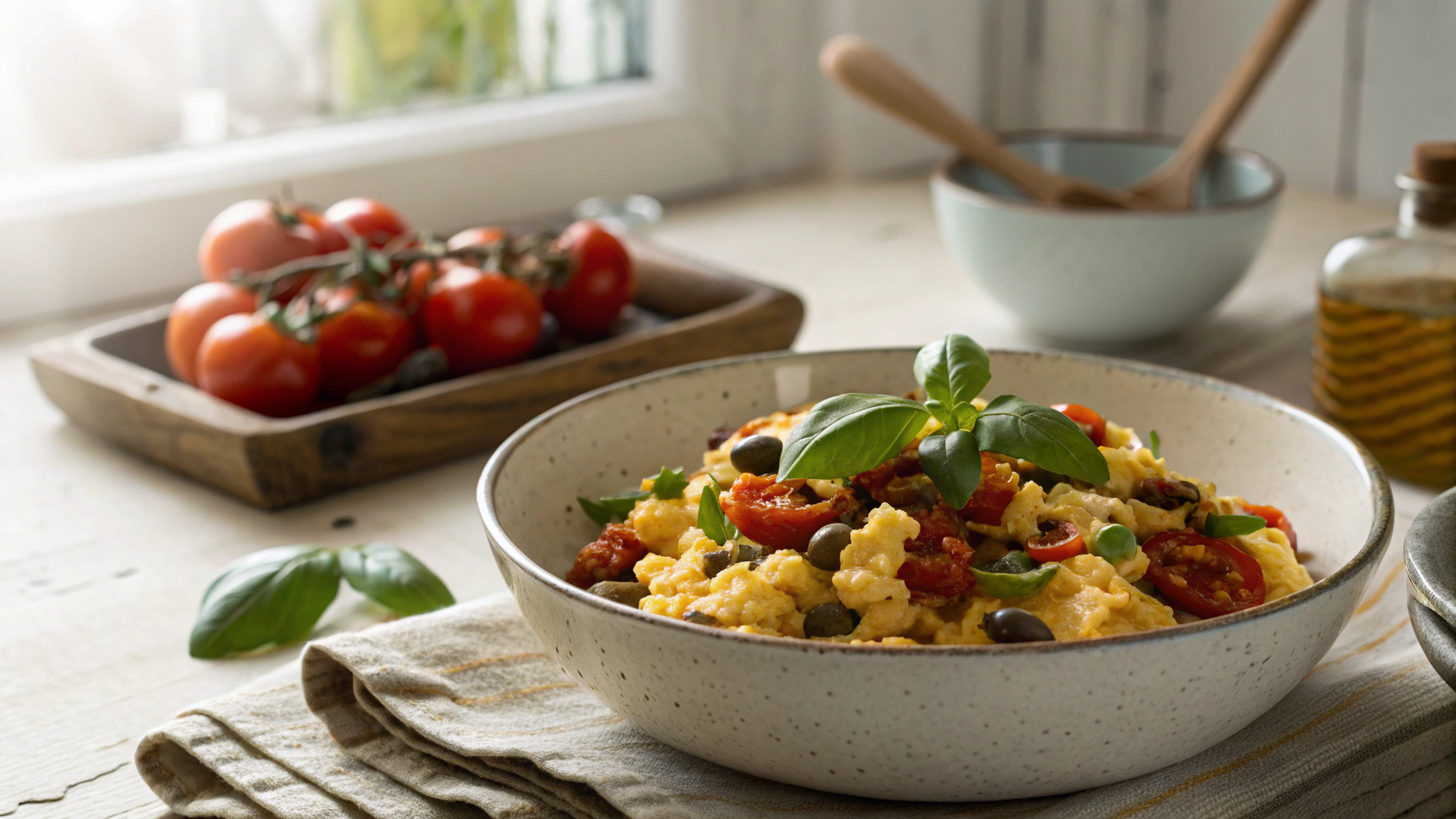 Keto Tomato, Olive and Caper Scrambled Eggs