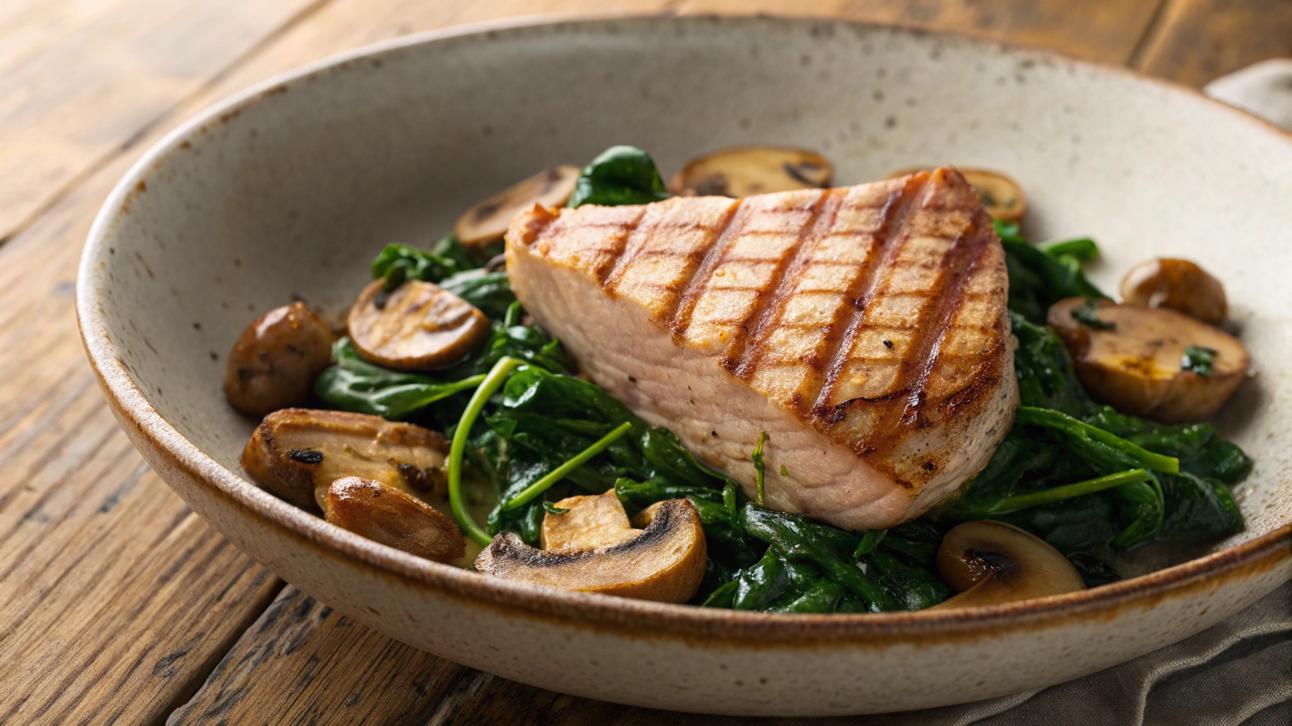 Keto Tuna Steak Dinner with Spinach and Mushrooms