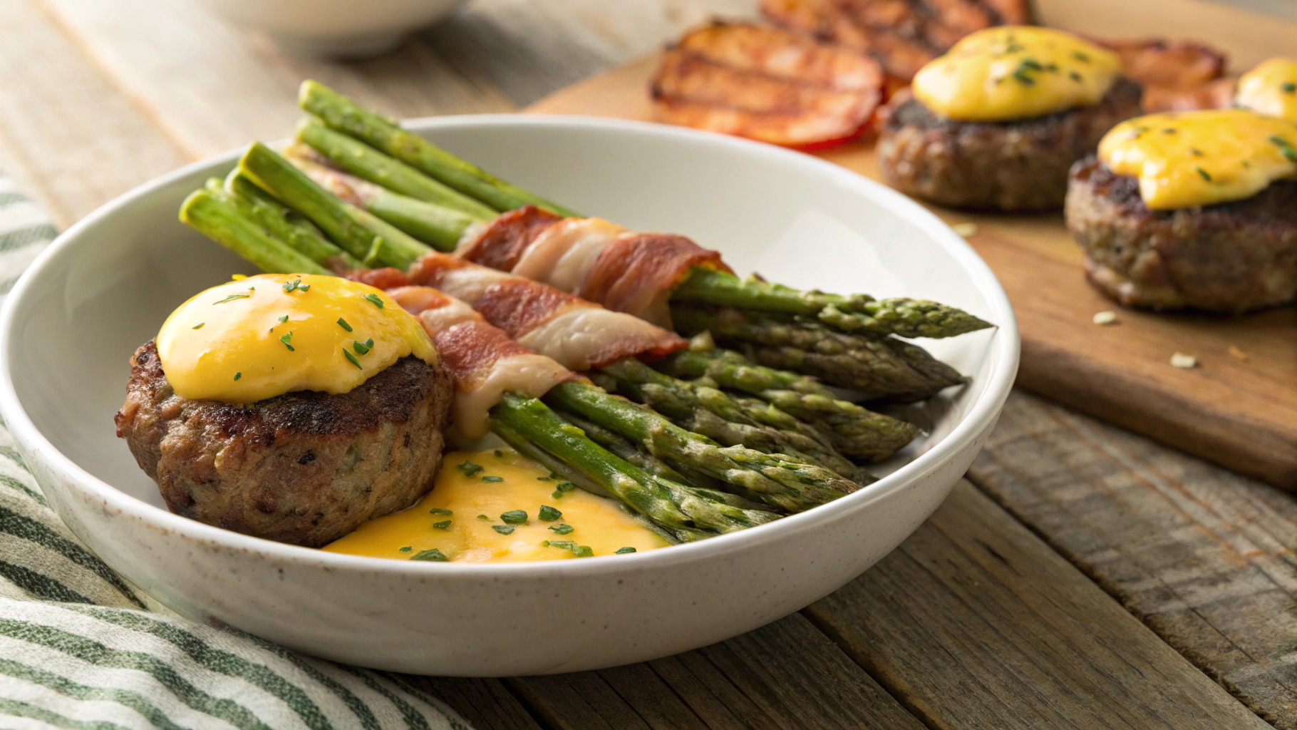 Keto Turkey Sausage Patties w Hollandaise and Cheddar Bacon Asparagus Bundles