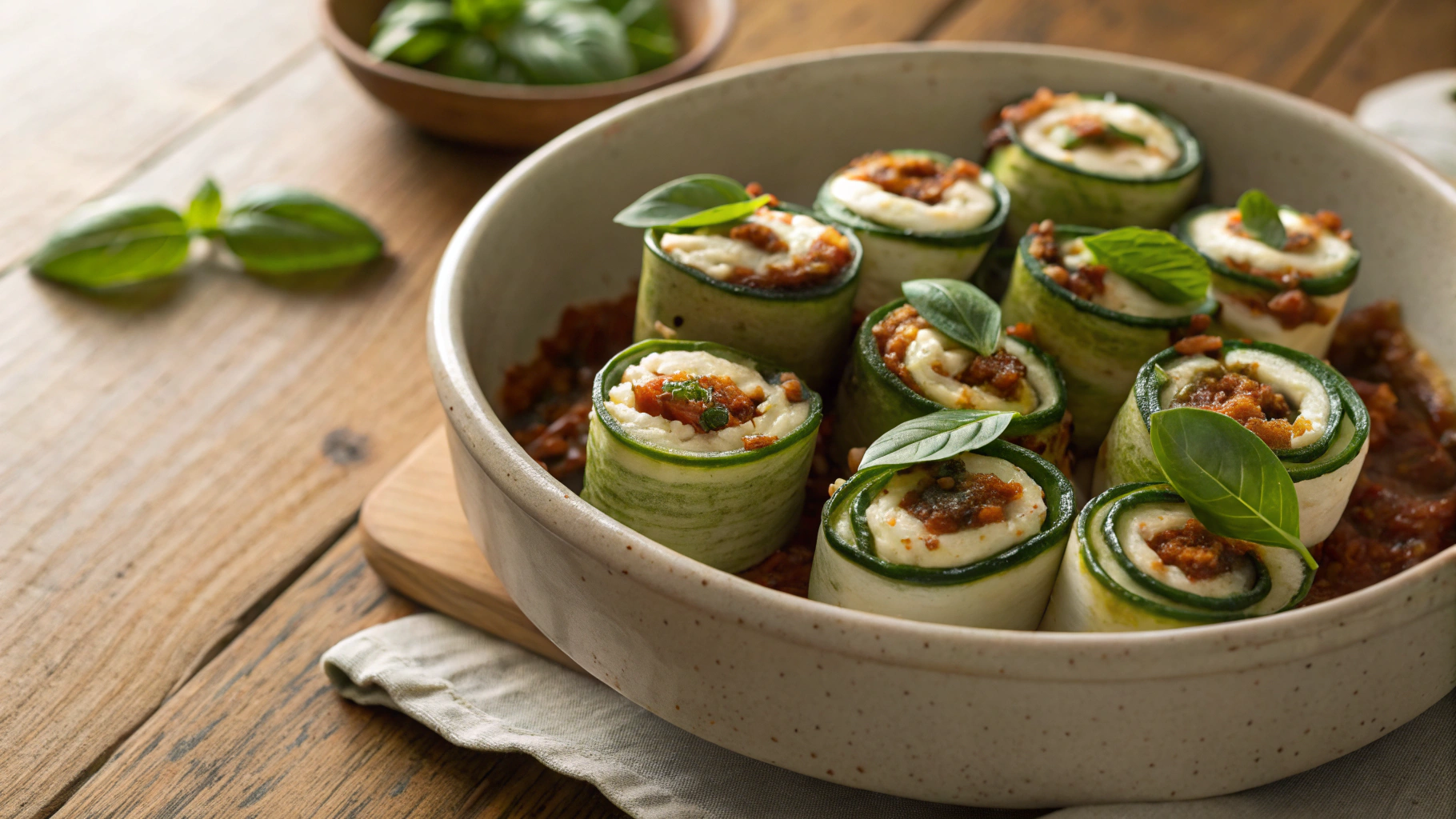 Keto Vegan Zucchini Rolls with Red Pesto and Almond Ricotta