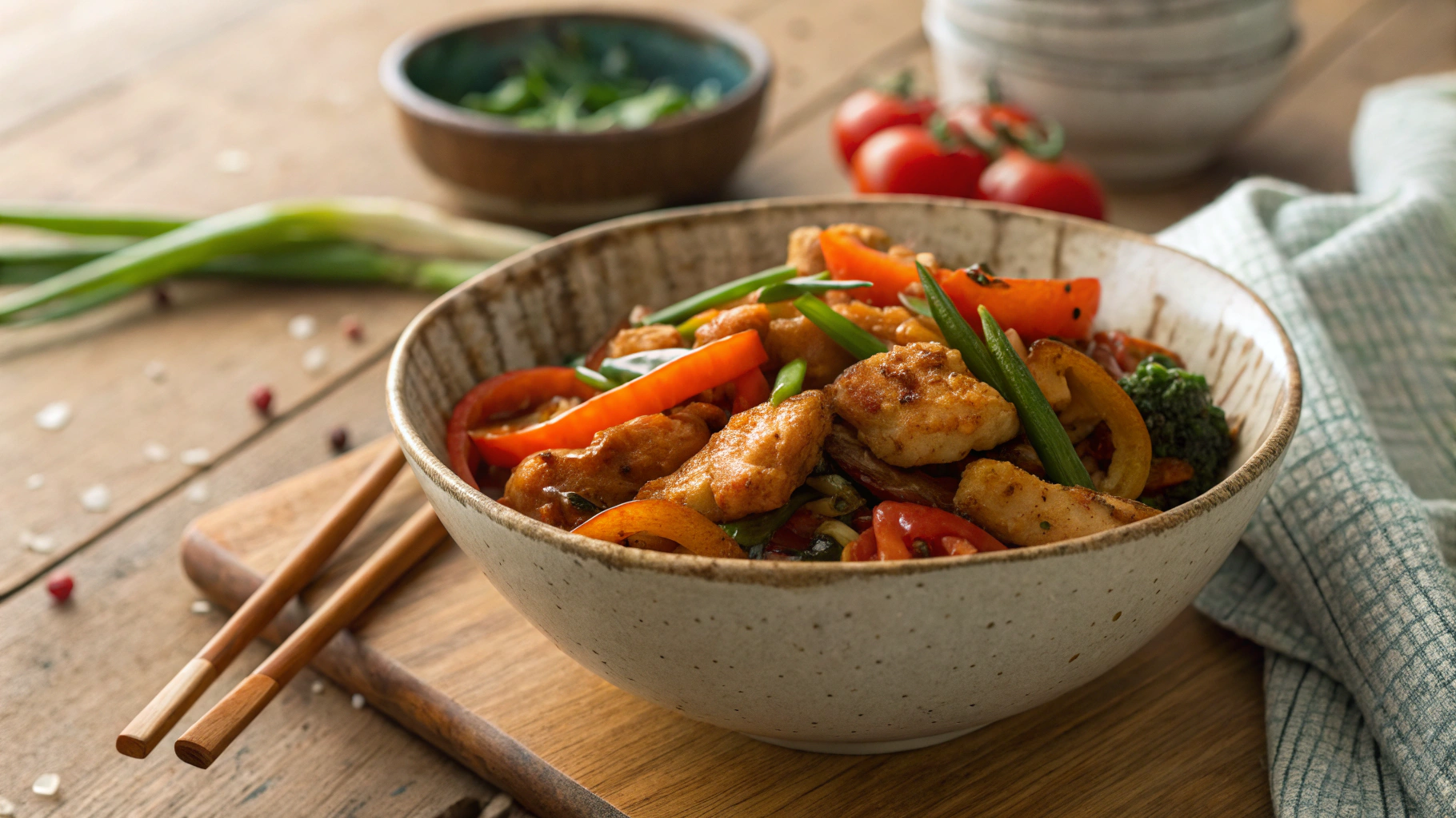 Low Carb Air Fried Chili Coconut Chicken w Creamy Stir Fry