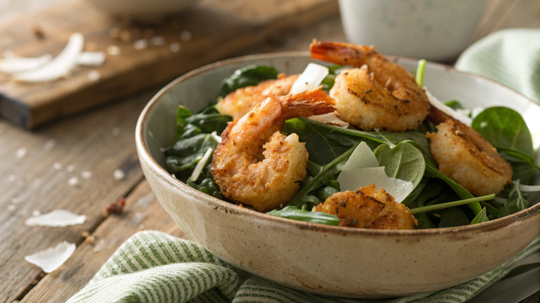 Low Carb Air Fryer Coconut Shrimp w Avocado-Lime Spinach Salad