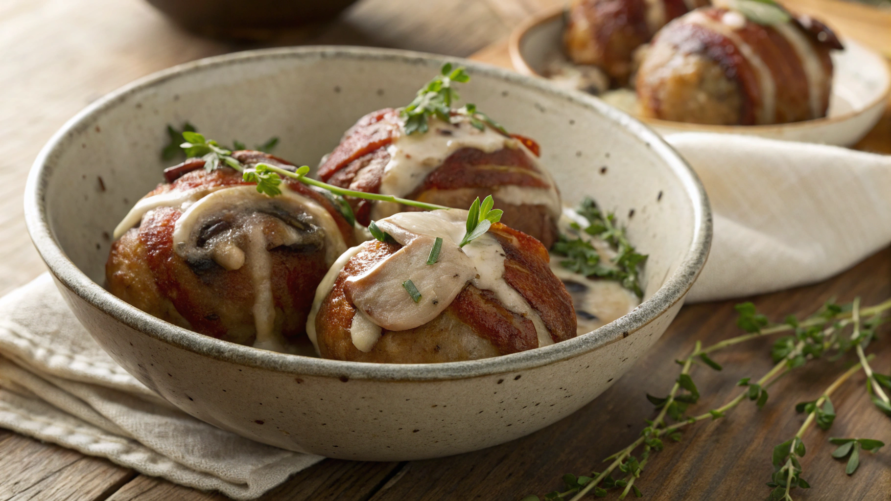 Keto Bacon Wrapped Meatballs With Mushroom Sauce