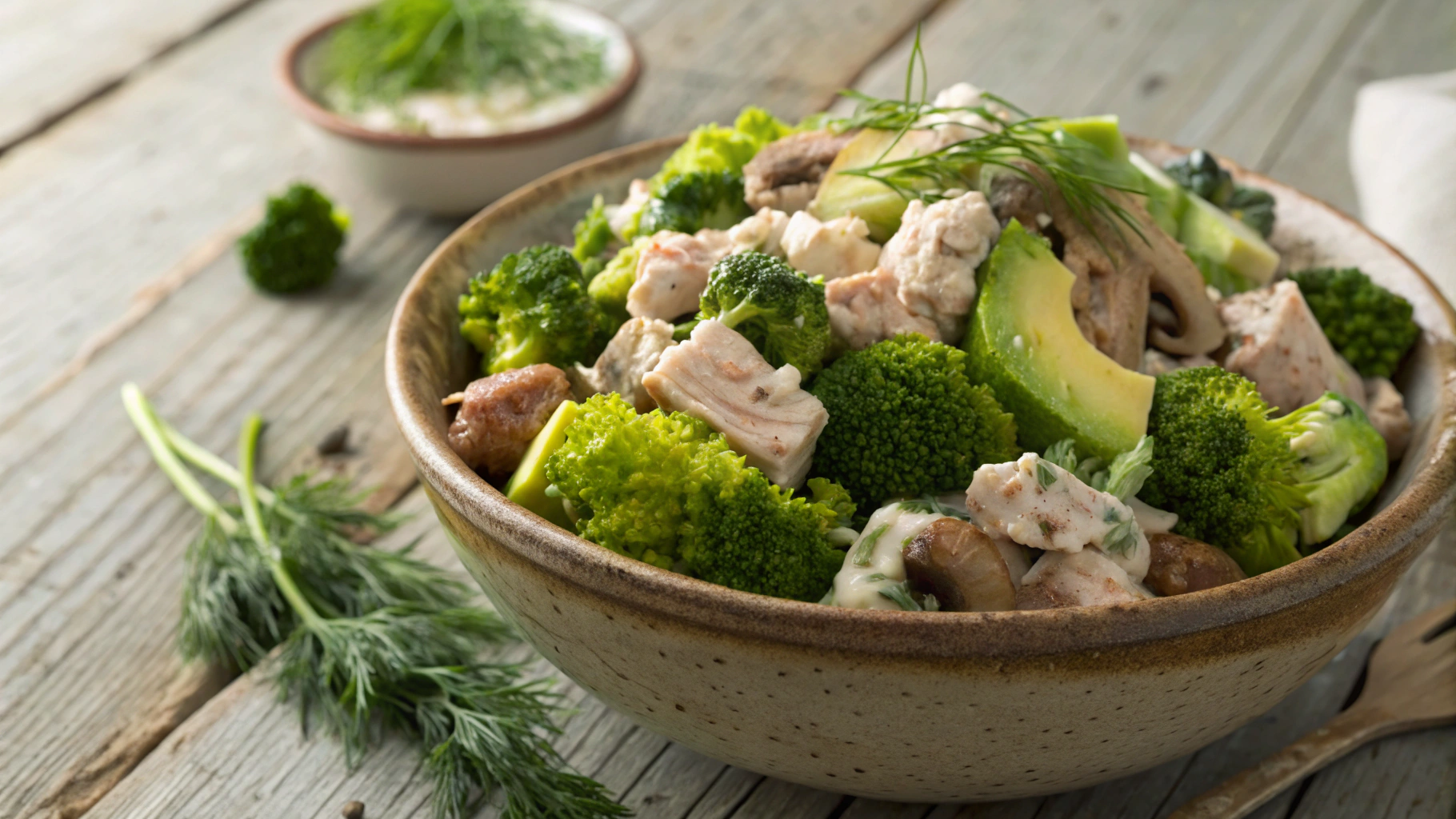 Keto Broccoli Mushroom Avocado Tuna Salad