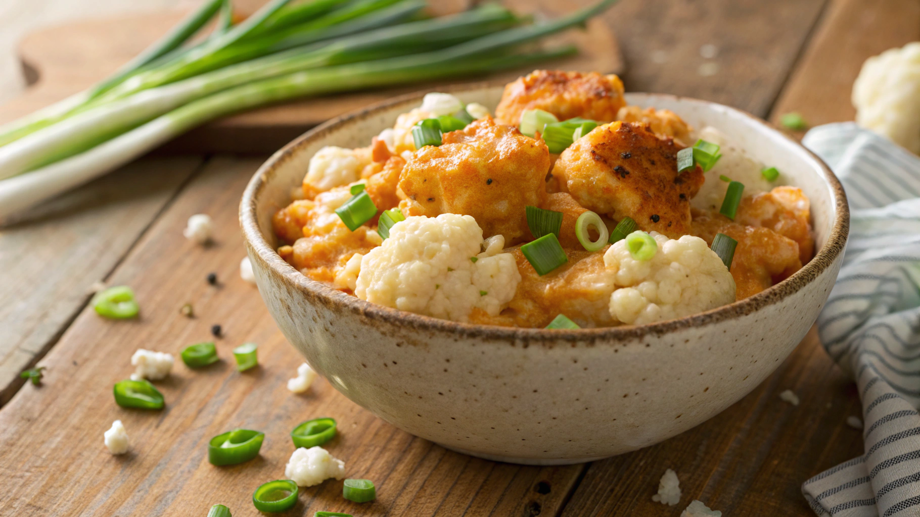 Low Carb Buffalo Chicken Mac And Cheese W Smashed Cauliflower Medallions