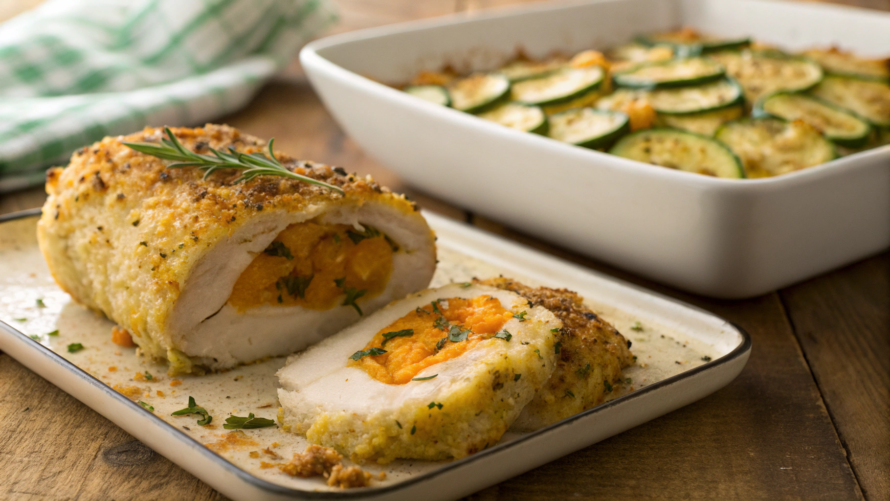 Low Carb Butternut Squash and Spinach Stuffed Chicken Breast w Scalloped Zucchini