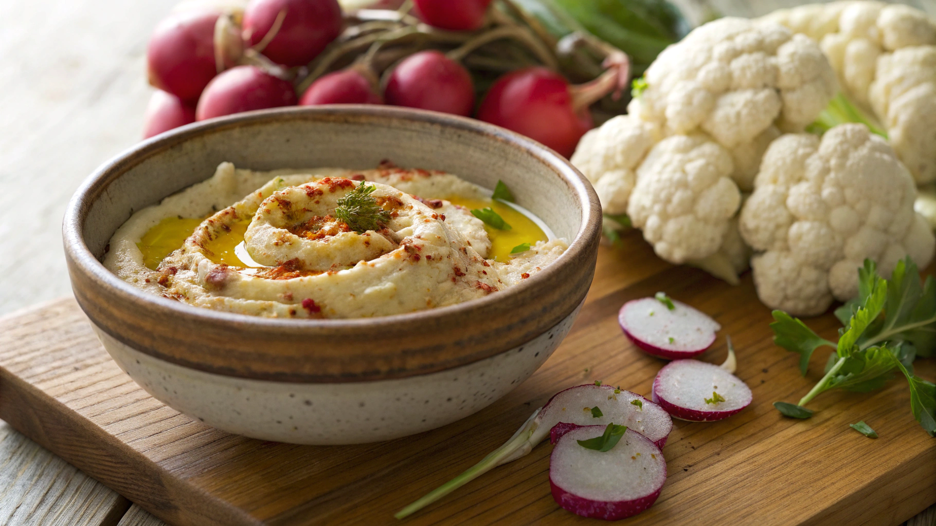 Low Carb Cauliflower Artichoke Hummus With Roasted Radishes