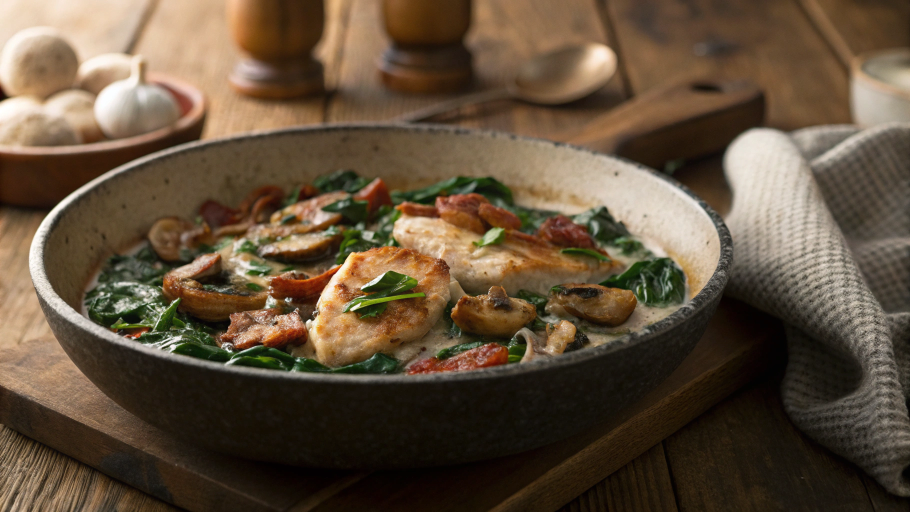 Low Carb Chicken Bacon Mushroom Skillet with Romano Creamed Spinach