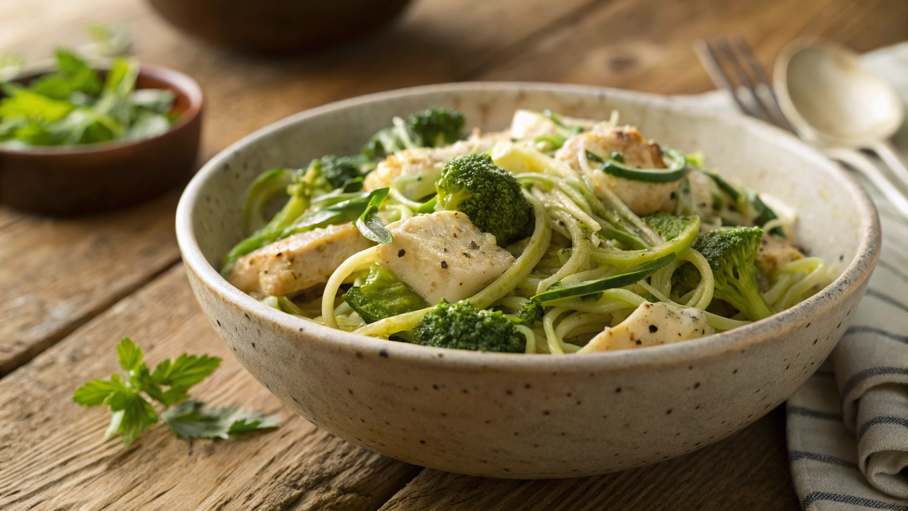 Low Carb Chicken Broccoli Cheddar Zoodle Pasta
