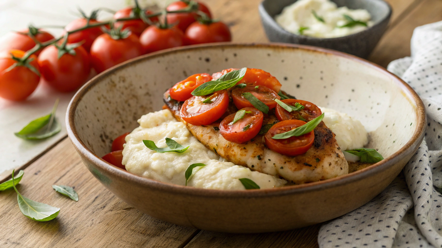 Low Carb Chicken Caprese w Cheddar Mashed Cauliflower