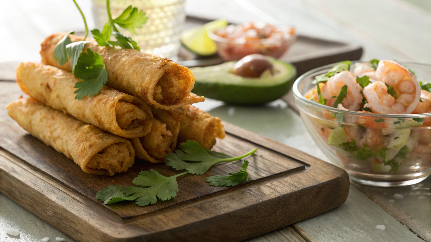 Low Carb Chicken Taquitos w Marinated Avocado Shrimp Salad