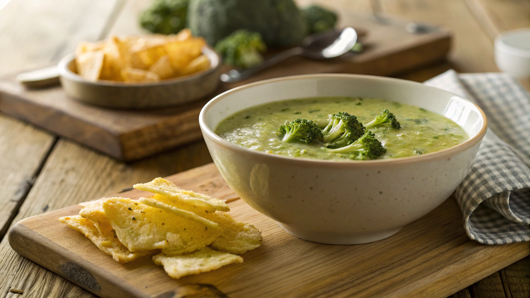 Low Carb Creamy Broccoli Soup with Cheese Crisps