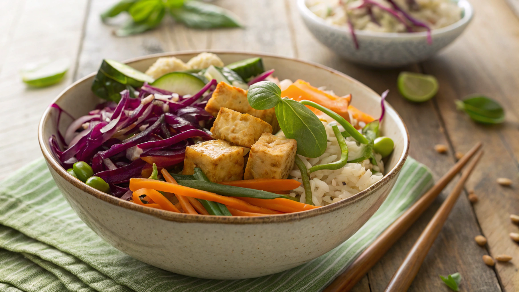 Low Carb Crunchy Thai Almond Salad with Cauliflower Rice + Tofu