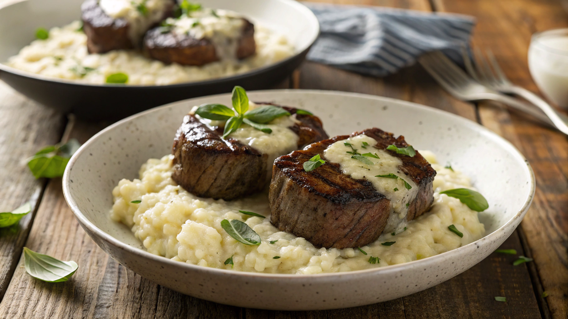 Low Carb Filet Mignon & Creamed Cauliflower Rice with Herb Parmesan Sauce