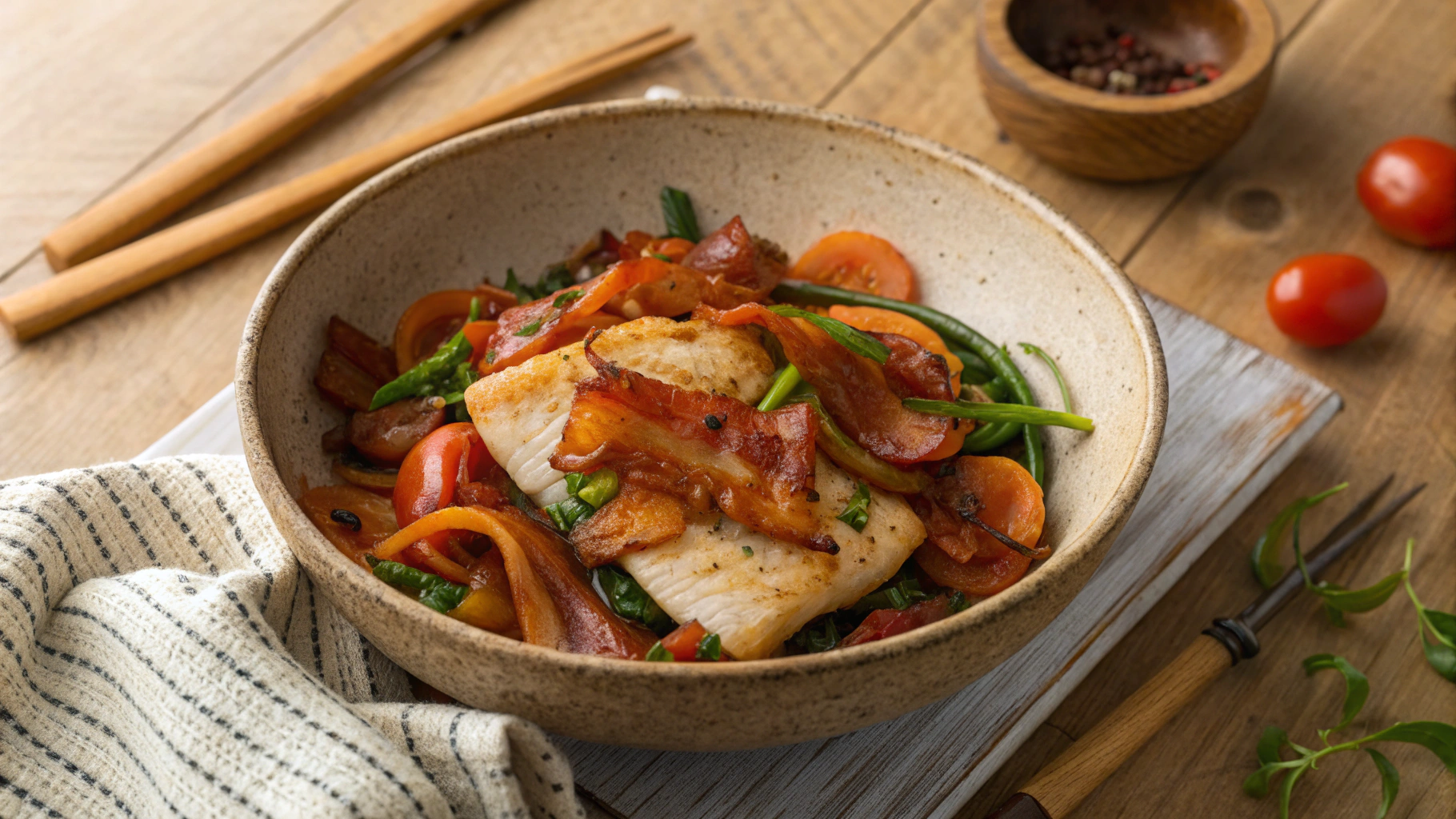 Low Carb Fish Stir Fry w Chili Bacon Chips