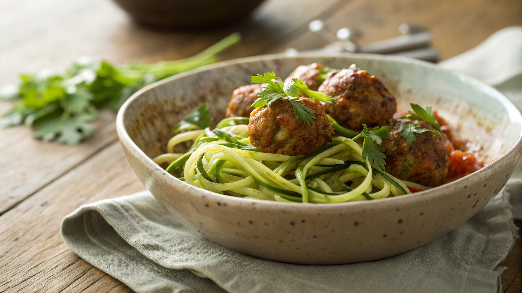 Low Carb Garlic Butter Lemon Zucchini Noodles and Turkey Meatballs