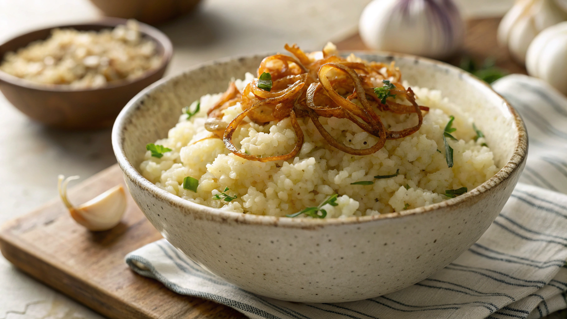 Keto Garlic Butter Rice with Crispy Onions