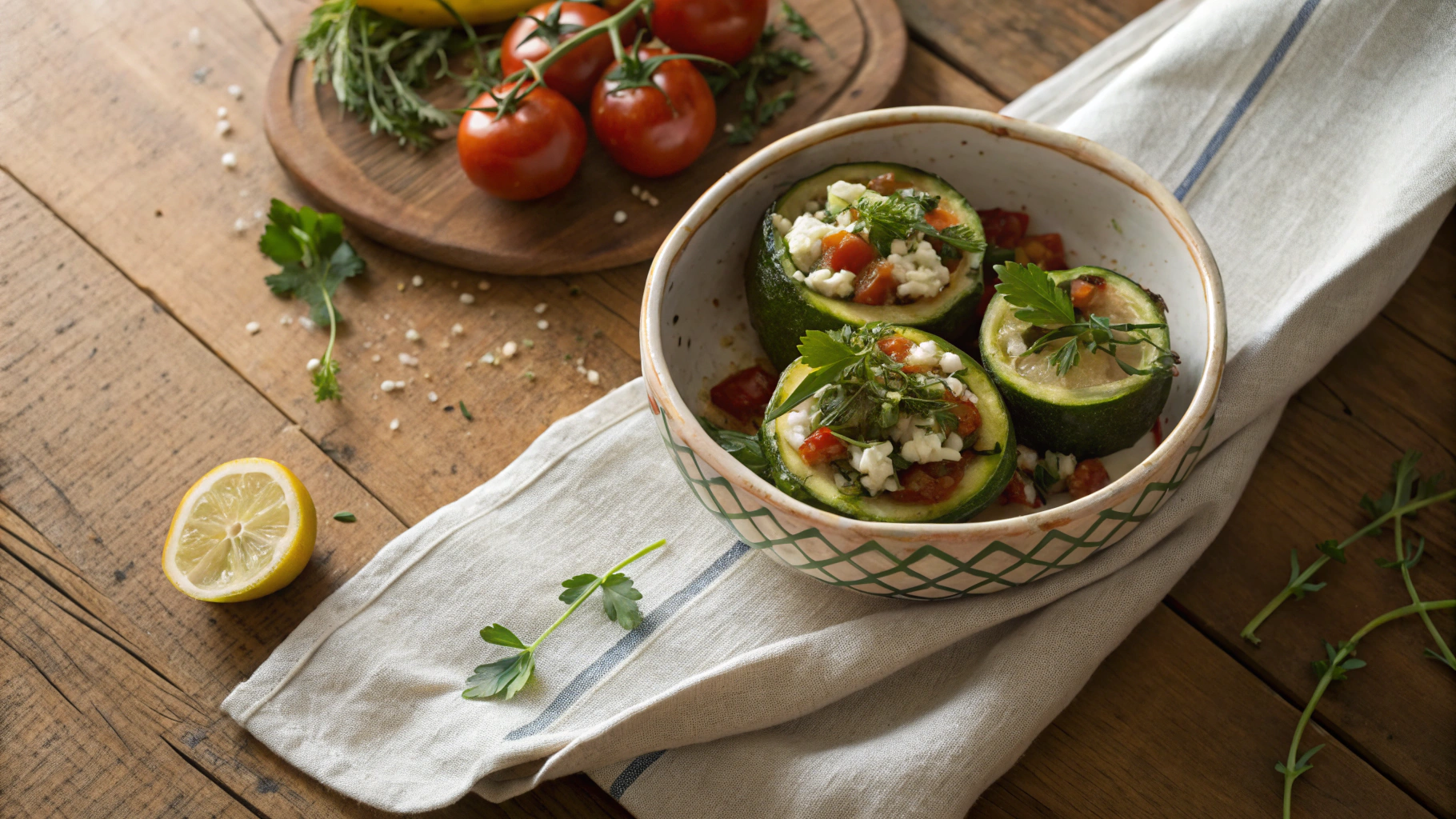 Low Carb Greek Herby Beef Stuffed zucchinis with a Creamy Lemon Sauce