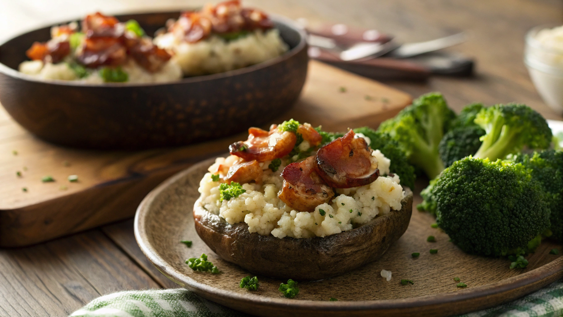 Keto Ham Stuffed Portobello Mushrooms w Buttery Bacon Broccoli
