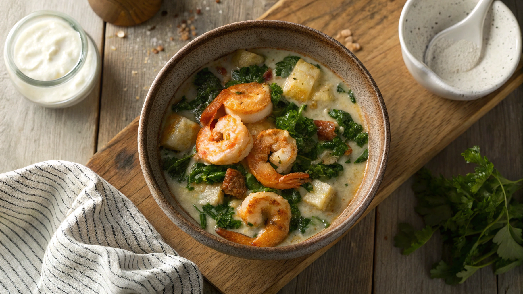 Low Carb Italian Tofu Zuppa w Air Fried Alfredo Shrimp
