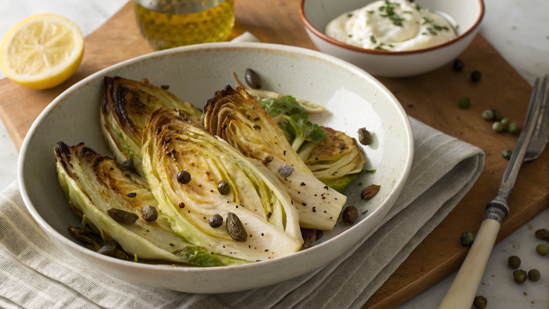 Low Carb Lemony Roasted Cabbage Wedges with Caper and Anchovy Dip