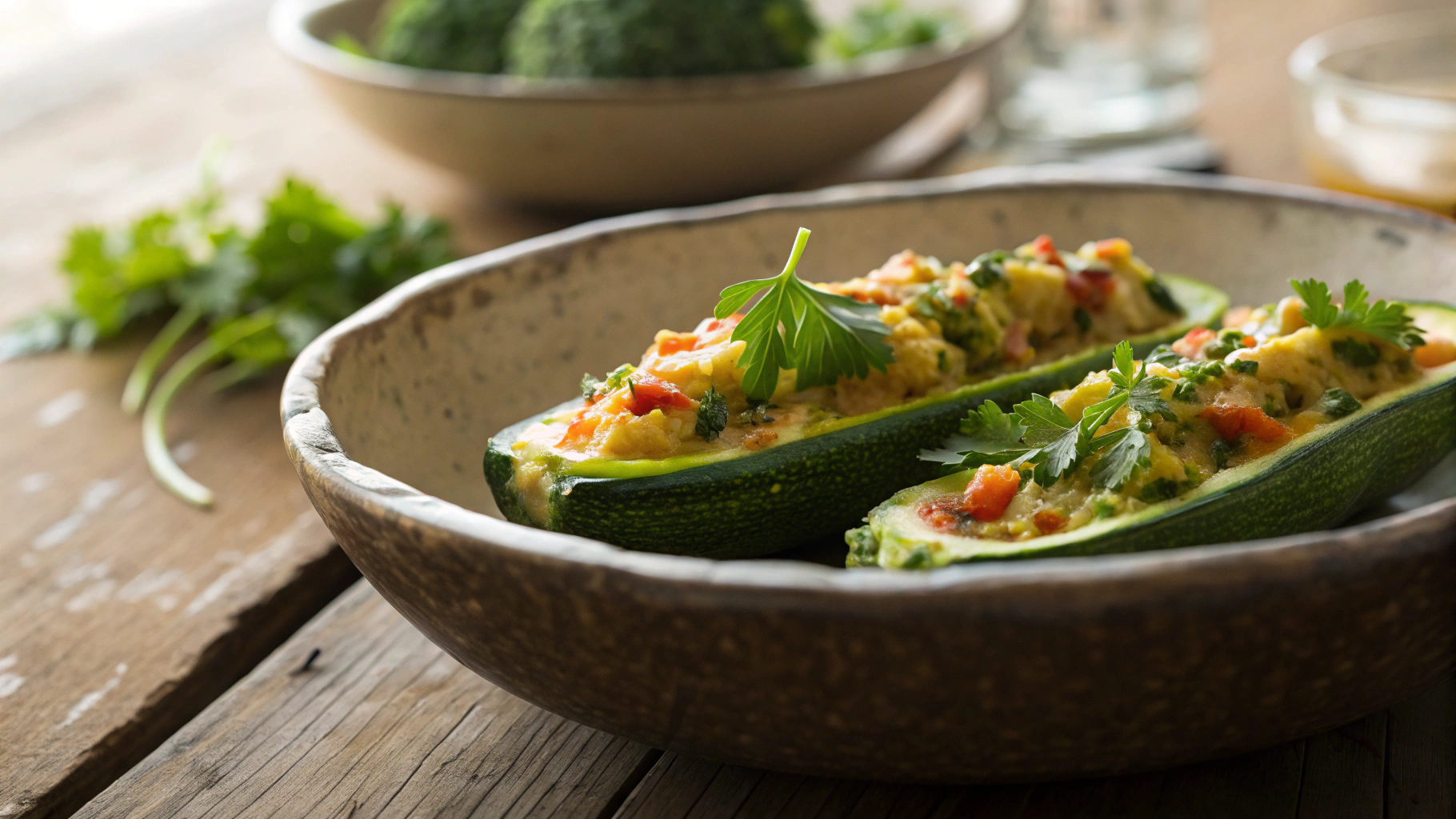 Low Carb Loaded Broccoli Cheddar Zucchini Boats